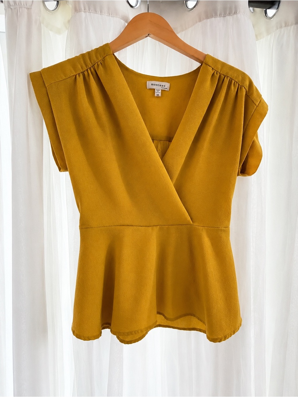 Monteau Mustard Wrap-Style Peplum Top